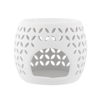 Kominek porcelanowy zapachowy dekorowany w listki 10,5 x 10,5 x 8,5 cm biały