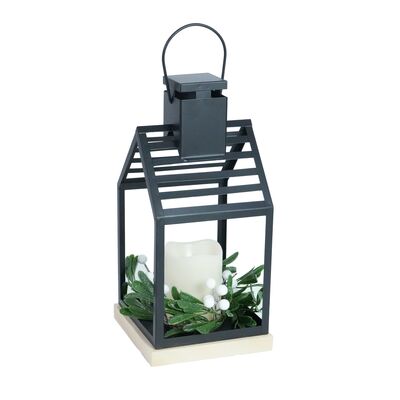 Latarnia metalowa 34 cm z kwiatową dekoracją i świeczką LED